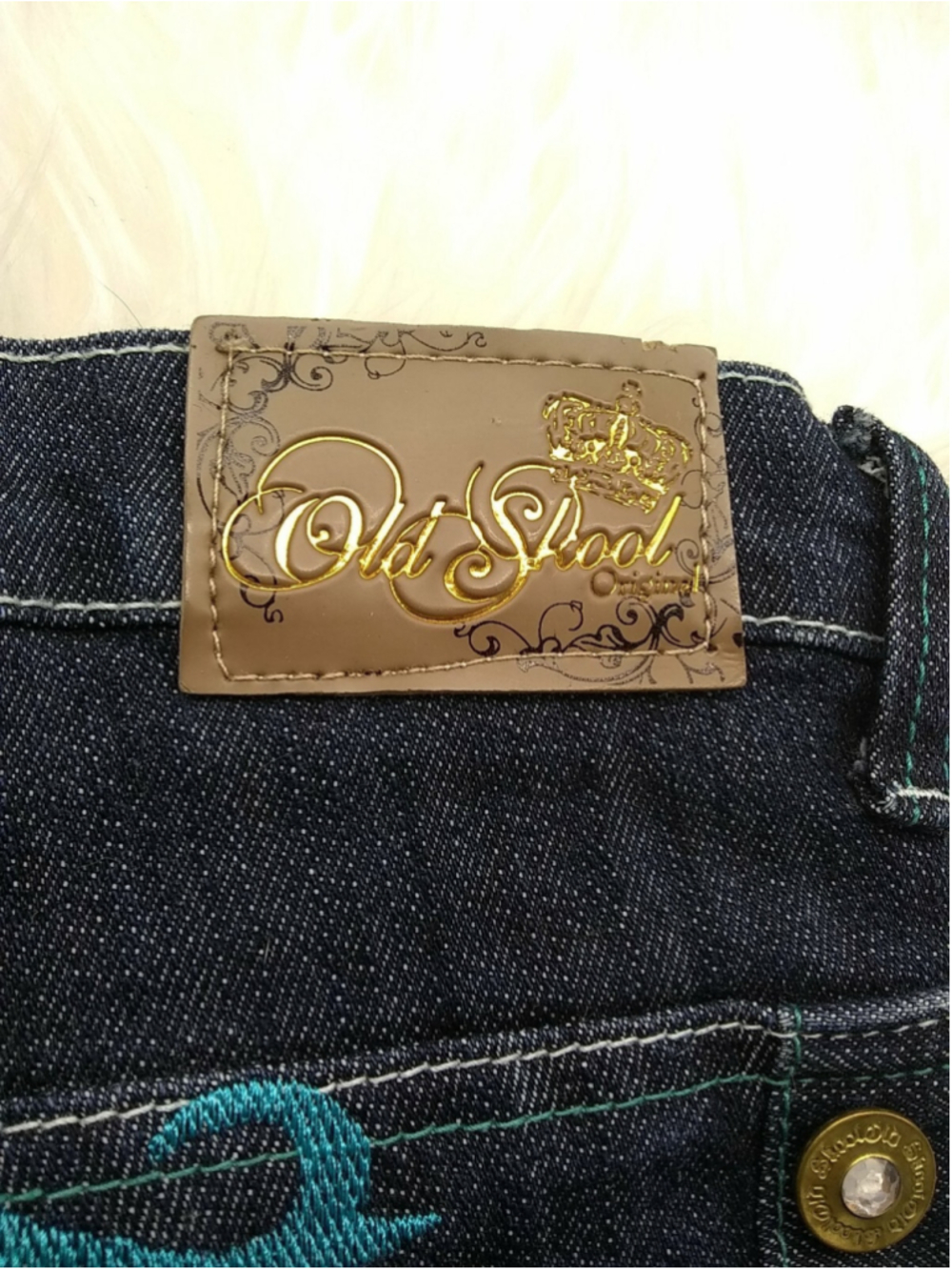 OLD SKOOL Womens Juniors Denim Jeans SIZE 15 Embellished Teal & Gray Stitching - Picture 5 of 12